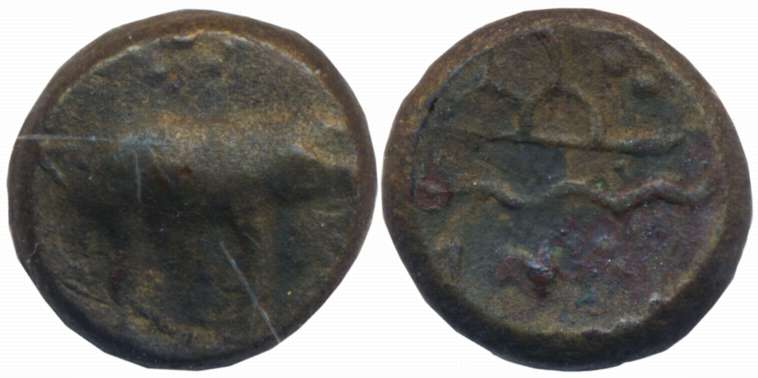 Western Kshatrapas, Damsena, Potin, 1.08g, Obv: Elephant to right with Sun & crescent abov