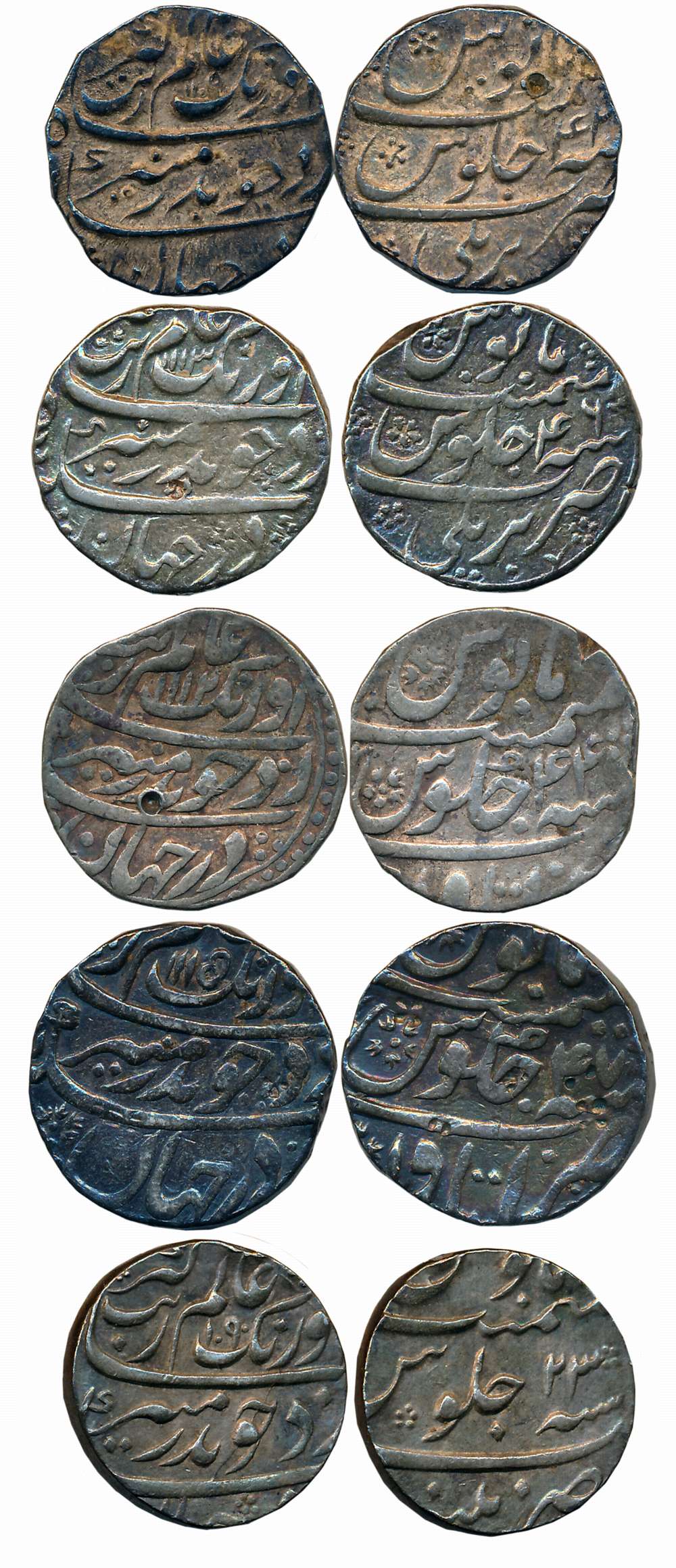Aurangzeb, Silver Rupees (5), Bareli Mint (2), 11.47g, 11.44g, AH 1109/ RY 42 & AH 1113/ R