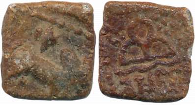 Western Kshatrapas, Lead, 1.53g, Obv: Humped Bull to right, Rev: Three arched hill, wavy r
