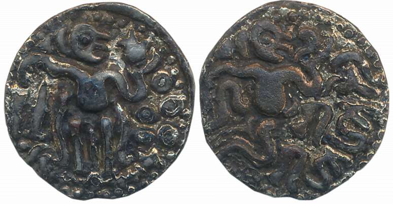Imperial Cholas, Raja Raja I, Debased Silver Kanvahu, 3.54g, Obv: King reclining with Deva
