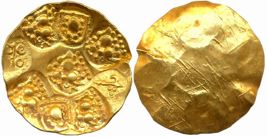 Nolambas of Nolambavadi, Nanni Nolamba I, Gold Nandi Gadyana, 3.67g, Uniface, Obv: 5x Symb