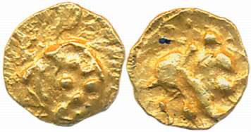 Hoysalas of Dwarasamudra, Gold 1/4 Fanam- Haga, 0.10g, Obv: Standing deity of Lord Vishnu 