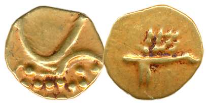 Hoysalas of Dwarasamudra, Gold Fanam, 0.38g, Obv: Lion to right crescent above, Rev: Boar 