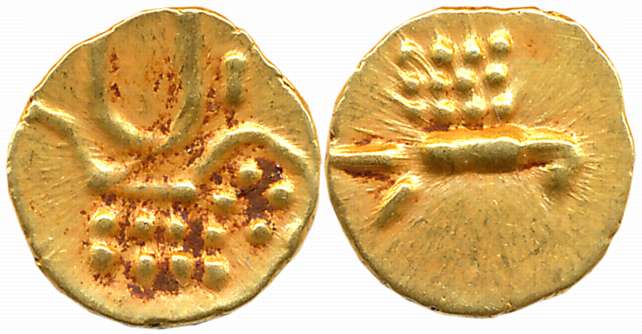 Hoysalas of Dwarasamudra, Gold Fanam, 0.37g, Obv: Lion to right crescent above, Rev: Boar 