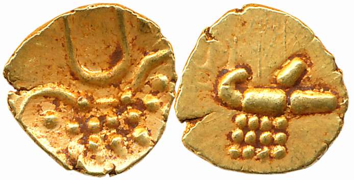 Hoysalas of Dwarasamudra, Gold Fanam, 0.37g, Obv: Lion to right crescent above, Rev: Boar 