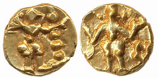 Hoysalas of Dwarasamudra, Gold Fanam, 0.42g, Obv: Garuda stretching left hand, lamp stand 