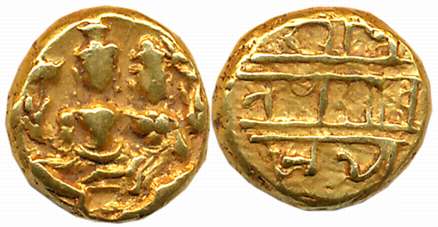 Vijaynagar Empire, Devaraya I, Gold Varaha, 3.39g, Obv: Lord Shiva with Goddess Parvati se