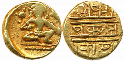 Vijaynagar Empire, Krishnadevaraya, Gold 1/2 Varaha, 1.68g, Obv: Lord Bala Krishna seated 