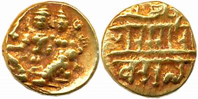 Vijaynagar Empire, Sadashivraya, Gold 1/2 Varaha, 1.69g, Obv: Lord Vishnu with Goddess Lax