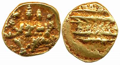 Vijaynagar Empire, Sadashivraya, Gold 1/2 Varaha, 1.70g, Obv: Lord Vishnu with Goddess Lax