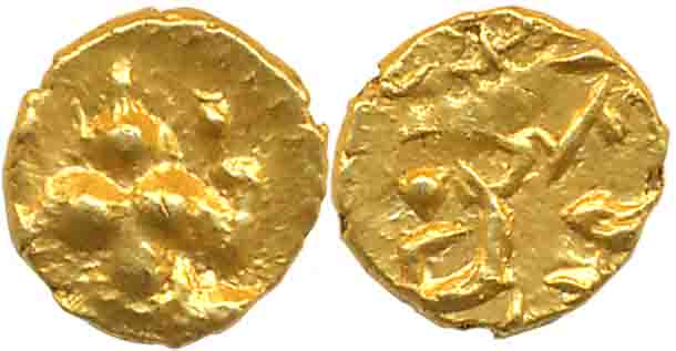 Vijaynagar Feudatories, Gold 1/2 Fanam, 0.19g, Obv: Goddess seated facing front, Rev: Ille