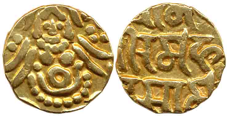 Ghorids, Muizz al din Muhammad bin Sam, Gold Unit, 4.17g, “Bayana” type, Obv: Goddess Laks
