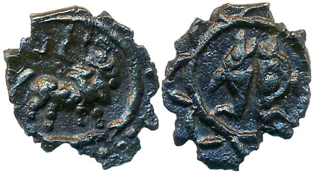 Pallavas of Kanchi, Potin, 1.08g, Obv: Bull standing to right, Brahmi legend above, Rev: T