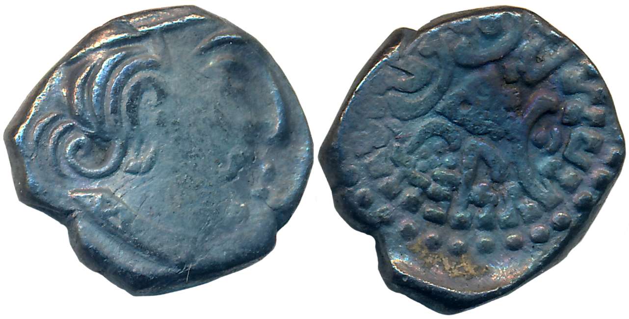 &nbsp;Traikutakas, Dharasena son of Indradatta, Silver Dracham, 1.69g Obv: Bust of king fa