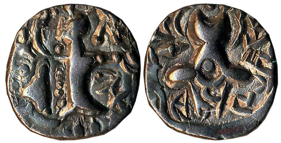 Karkotaka’s of Kashmir, Pratapaditya, Debased Gold Dinar, 7.32g, Obv: Crude representation