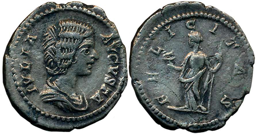 Roman, Julia Domna, Silver Denarius, 2.78g, Obv: Draped bust to right, Rev: Felicitas stan
