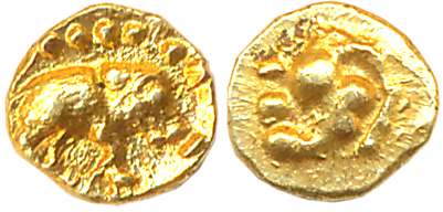 Chalukyas of Badami, Anonymous, Gold 1/4 Fanam (Haga), 0.10g, Obv: Boar facing right, Rev: