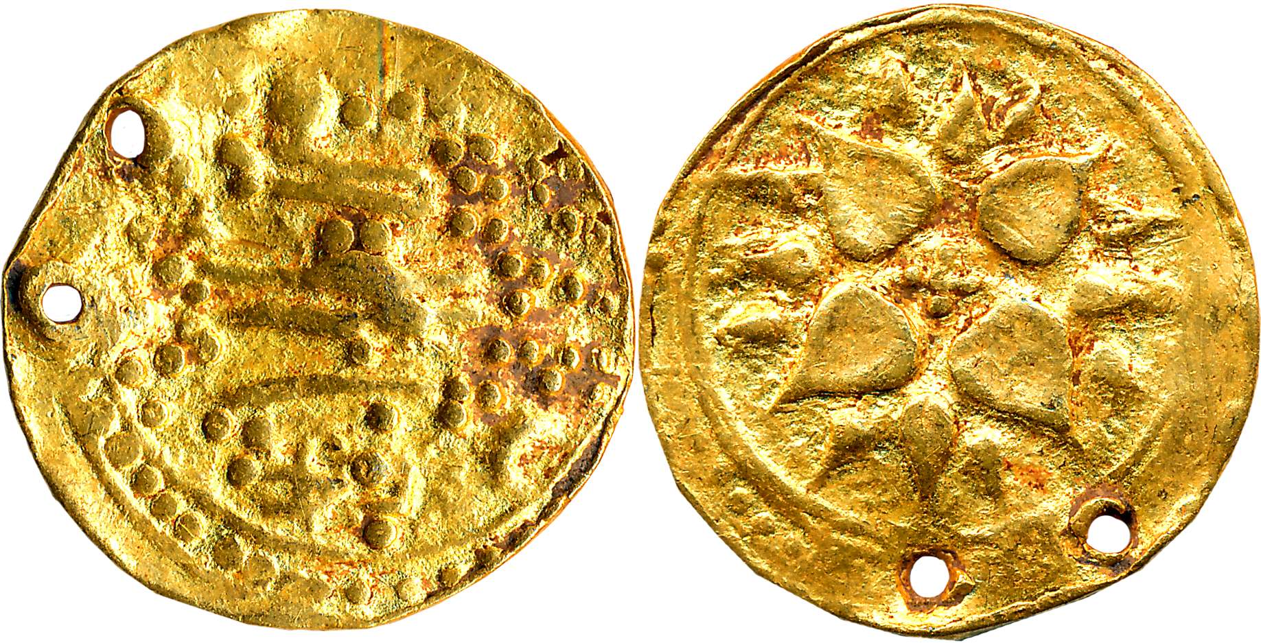 Chalukyas of Badami, Gold Varah, 4.68g, Obv: Temple, Rev: Full bloomed Lotus. Pierced othe