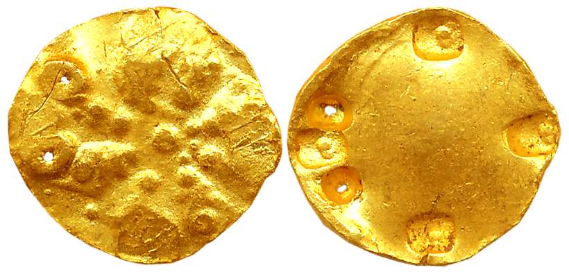Chalukyas of Badami, Uninscribed Gold Gadyana, 4.38g, Obv: Large ornamental lotus, Rev: Fo
