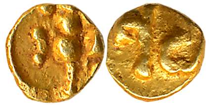 Chalukyas of Kalyani, Gold Haga- 1/4 Fanam, 0.13g, Obv: Lion standing facing left with rai