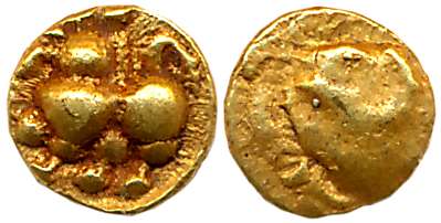 Chalukyas of Kalyani, Gold Haga- 1/4 Fanam, 0.14g, Obv: Lion standing facing left with rai