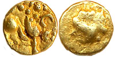 Chalukyas of Kalyani, Gold Haga- 1/4 Fanam, 0.13g, Obv: Lion standing facing right with ra