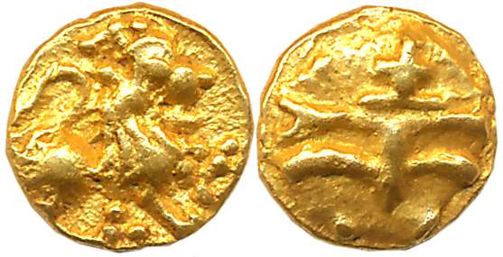 Chalukyas of Kalyani, Gold Hana- Fanam, 0.39g, Obv: Lion to right, with raise paw. Rev: Te