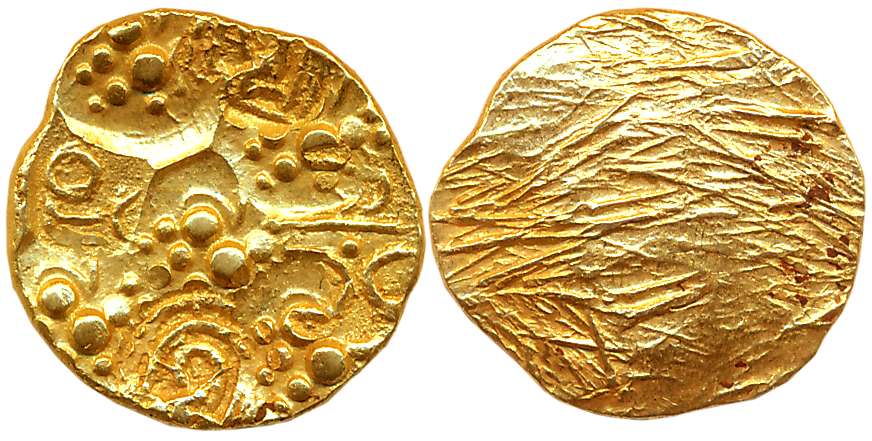 Chalukyas of Kalyani, Jayasimha II Jagadekamalla, Gold Gadyana, 3.52g, Obv: Nine punches –