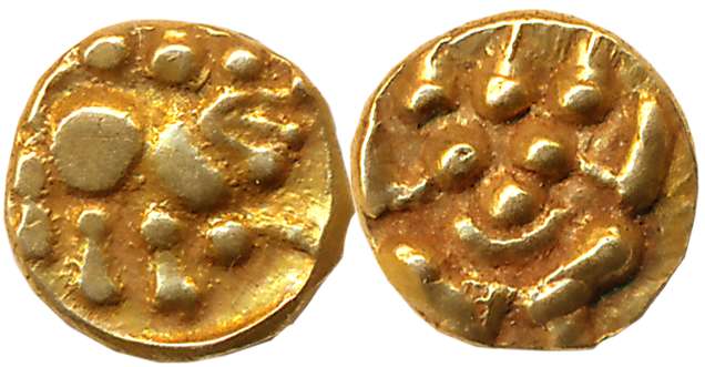 Chalukyas, anonymous, Gold Fanam, 0.39g, Obv: Lion with raised forepaw, facing right. Rev: