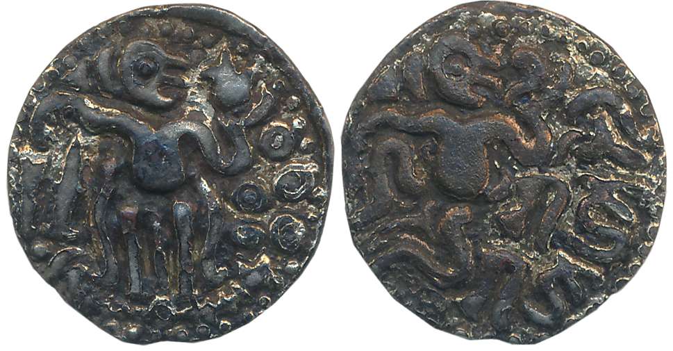 Imperial Cholas, Raja Raja I, Debased Silver Kanvahu, 3.54g, Obv: King reclining on a mat 