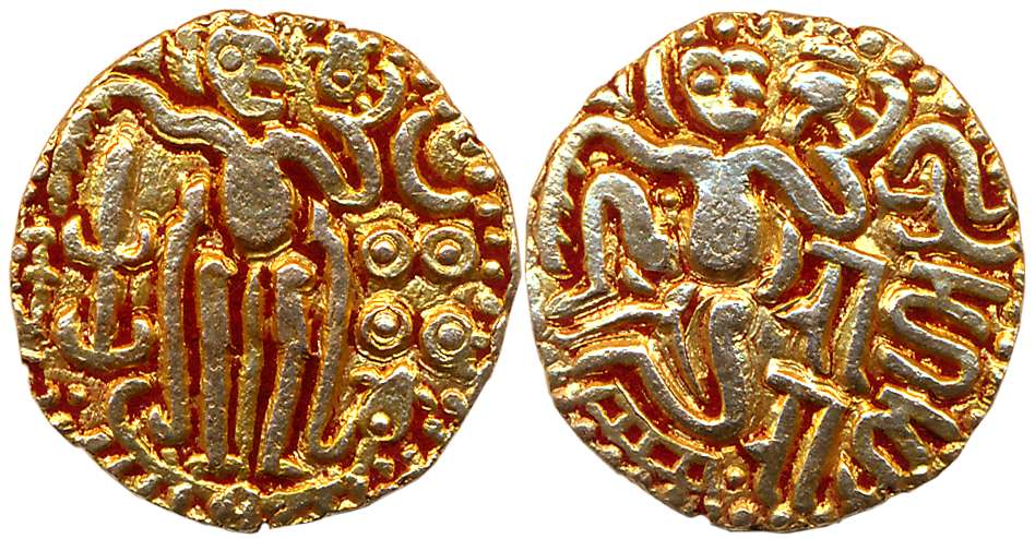 Imperial Cholas, Raja Raja I, Debased Gold Kahavanu, 4.27g, Obv: King reclining on a mat w