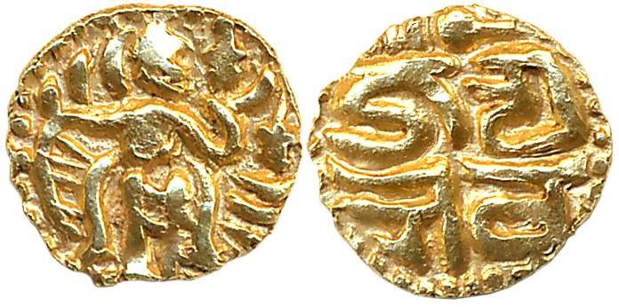 Imperial Cholas, Raja Raja I, Gold 1/2 Fanam, 0.22g, Obv: King standing facing right, Rev: