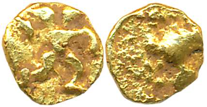 Feudatories of the Chalukyas, Gold Haga- 1/4 Fanam, 0.09g, Obv: Double-headed eagle ligatu