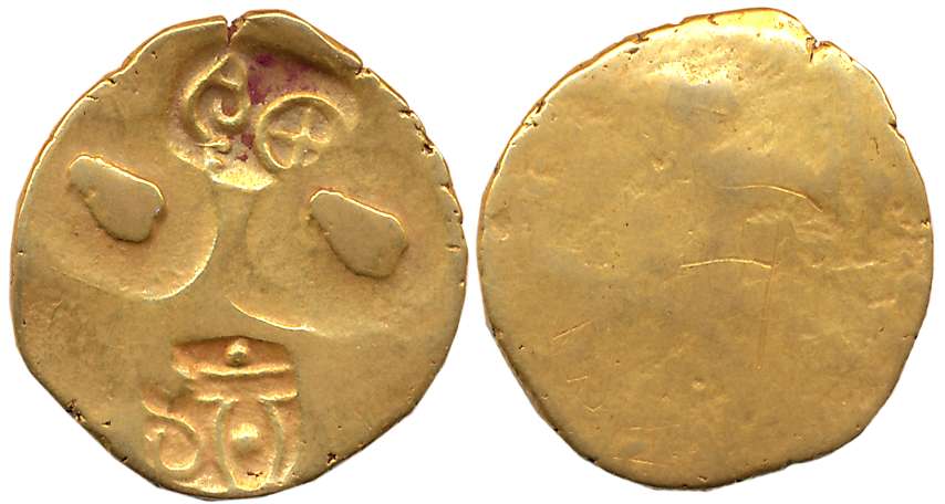 Telugu Chodas of Nellore, Jagdekamala, Punch-marked, Gold Gadyana, 3.57g, Uniface, two pun