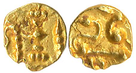 Shantaras, Gold Haga- 1/4 Fanam, 0.09g, Obv: Lion to right, with raised paw, Rev: Kalash a