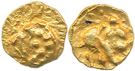 Hoysalas of Dwarasamudra, Gold 1/4 Fanam- Haga, 0.10g, Obv: Standing deity of Lord Vishnu 