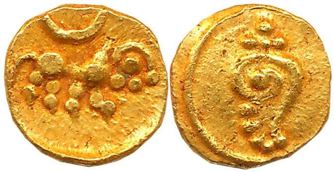 Hoysalas of Dwarasamudra, Vinayaditya, Gold Hana- Fanam, 0.40g, Obv: Lion to right, Rev: C