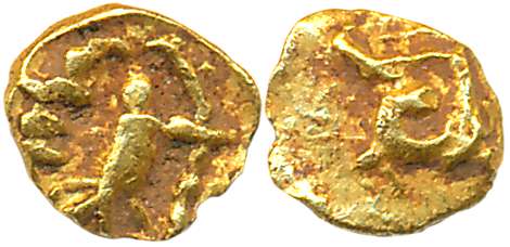 Alupas, Gold Haga- 1/4 Fanam, 0.11g, Obv: Fish below the umbrella, Kalash on left, Lamp on