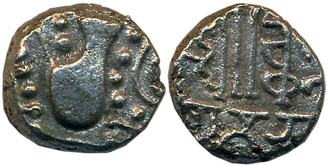 Silharas of North Konkan, Chikka Raj Dev, Debase Silver Dramma, 2.95g, Obv: Gadhiya type p