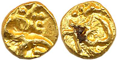 Kadambas of Hangal, Gold Haga- 1/4 Fanam, 0.14g, Obv: Lion to left, facing backwards. Rev: