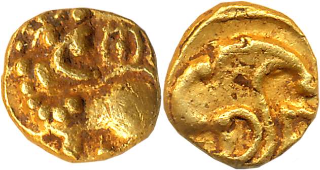 Kadambas of Hangal, Gold Hana- Fanam, 0.52g, Obv: Lion to left with raised paw, facing bac