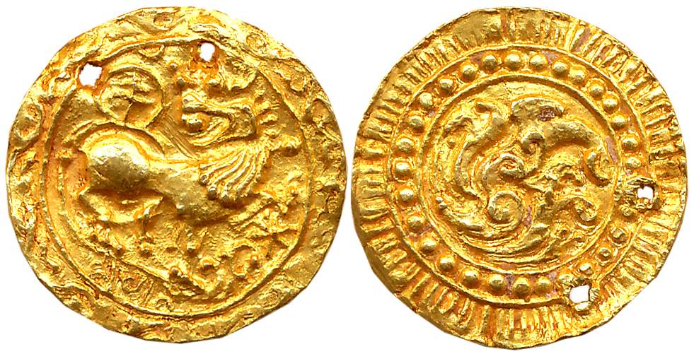 Kadambas of Hangal, Toyimadeva, Gold Varaha, 4.23g, Obv: Lion advancing right with its hea