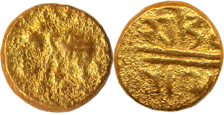 Vijaynagar Empire, Devaraya II, Gold 2 Fanam, 0.85g, Obv: Elephant moving to left, Sun & M