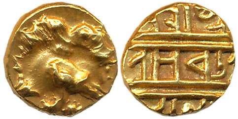 Vijaynagar Empire, Achyutadevaraya, Gold 1/2 Varaha, 1.70g, “Gandabherunda” type Obv: Two 