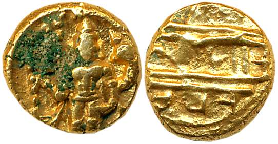 Vijaynagara Empire, Srirangaraya I, Gold Varaha, 3.44g, Obv: Lord Venkateshwara standing f