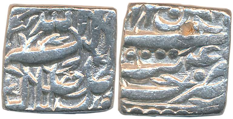 Akbar, Silver Square Rupee, 11.33g, “Jalalahu” type, Tatta Mint, Ilahi Month Bahaman, Year