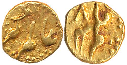 Aurangzeb, Gold 1/2 Fanam, 0.19g, Obv: Alamgir in Persian, Rev: Falam, RY 48. Very fine, r