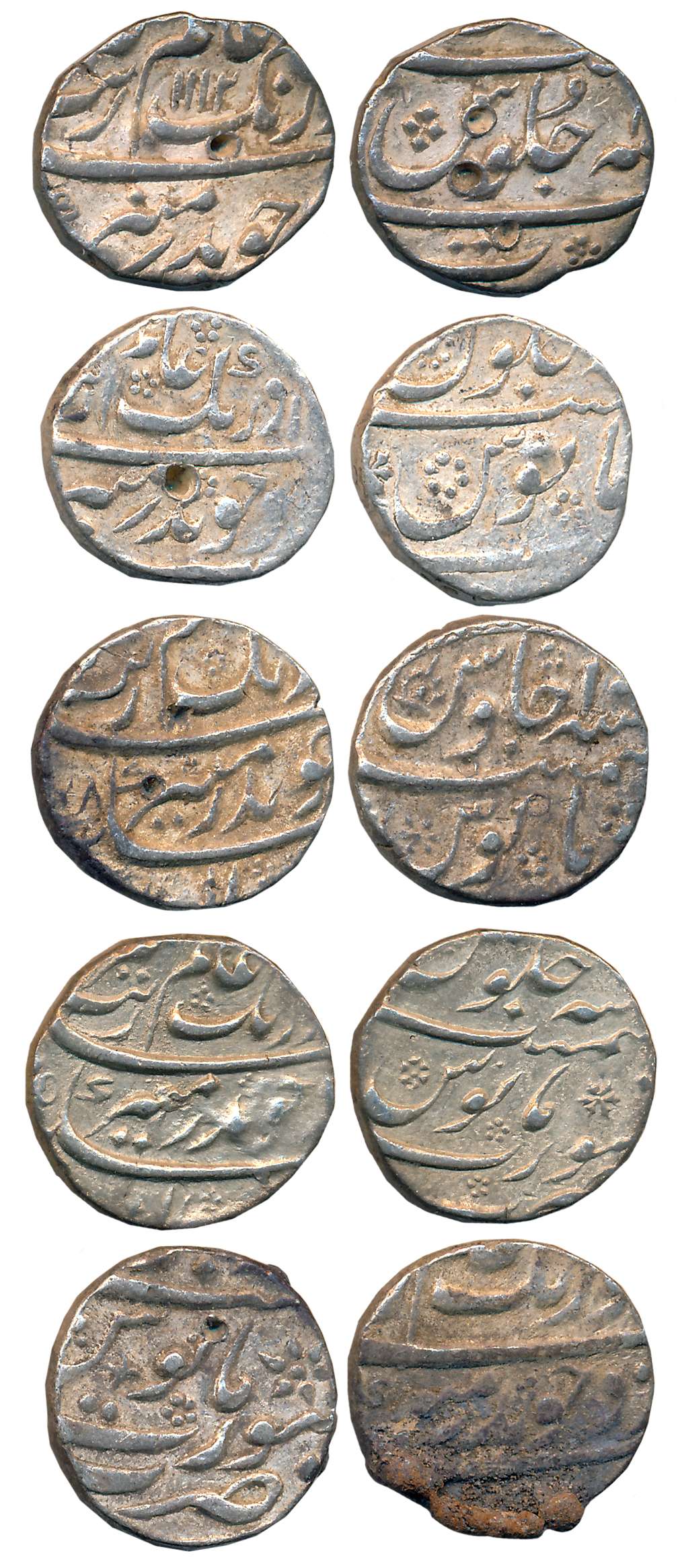 Aurangzeb, Silver 1/2 Rupees (5), 5.60g, 5.69g, 5.69g, 5.73g, 5.82g, Surat Mint (KM# 294.6