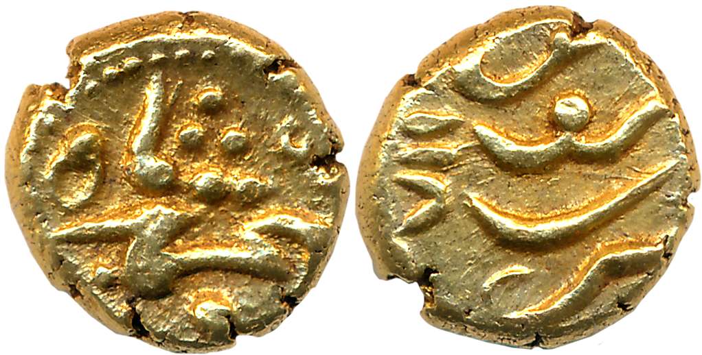 Muhammad Shah, Gold Pagoda, 2.74g, Guti Mint, AH 11(6)8 (KM# E440.2). Very fine, scarce.