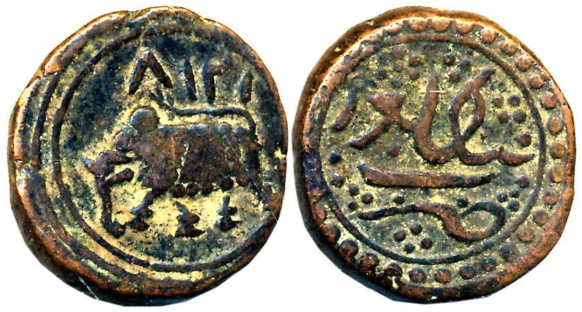 Tipu Sultan, Copper 1/2 Paisa, 5.45g, Bengalur Mint, AM 1218 (retro), Elephant to left (KM